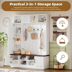 4-in-1 Hall Tree with Bench and Shoe Storage, Multi-functional Entryway Bench with Coat Rack, Storage Shelves, Shoe Cubbies, Adjustable Shelves, and 6 Hooks for Entryway, Hallway, White