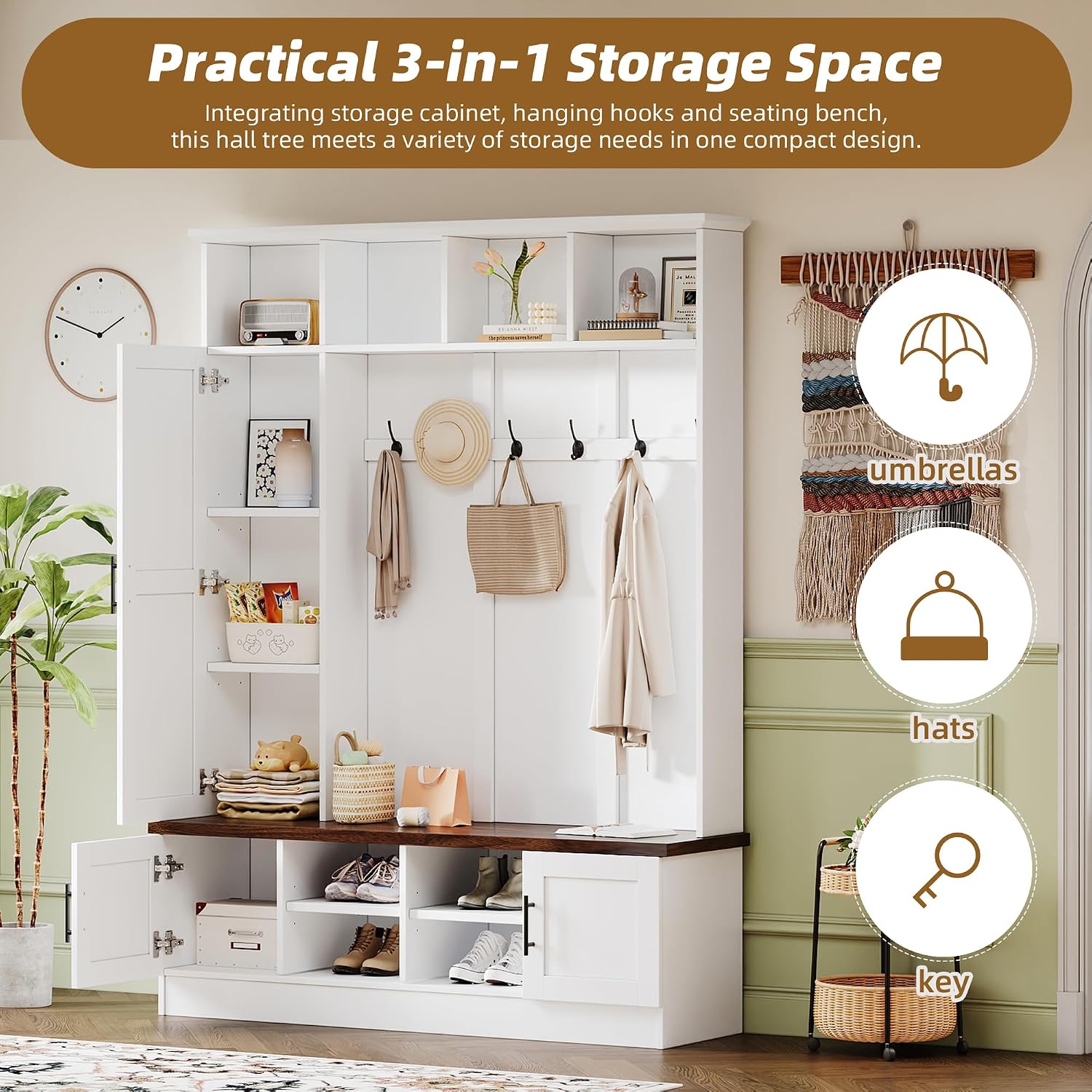 4-in-1 Hall Tree with Bench and Shoe Storage, Multi-functional Entryway Bench with Coat Rack, Storage Shelves, Shoe Cubbies, Adjustable Shelves, and 6 Hooks for Entryway, Hallway, White