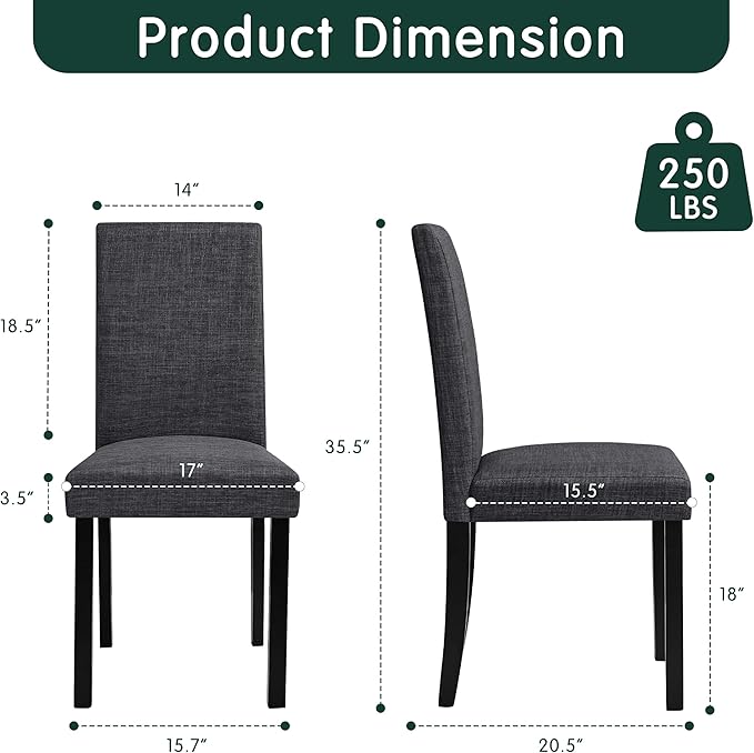 CHUN YI Upholstered Dining Chairs Set of 4, Fabric Dining Room Chairs with Solid Wood Legs, Modern Parson Chairs for Kitchen, Restaurant, Hotel, Dark Gray