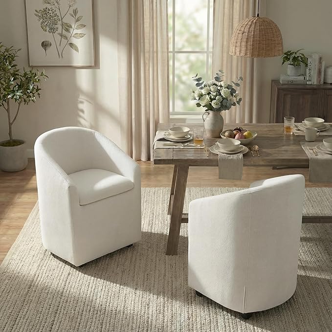 Upholstered Dining Chairs with Casters, Washable Cover Modern Dining Room Chairs with Barrel Backrest & Armrest, Vanity Chair with Wheels for Kitchen, Living Room, Bedroom, Linen Fabric, 1PCS