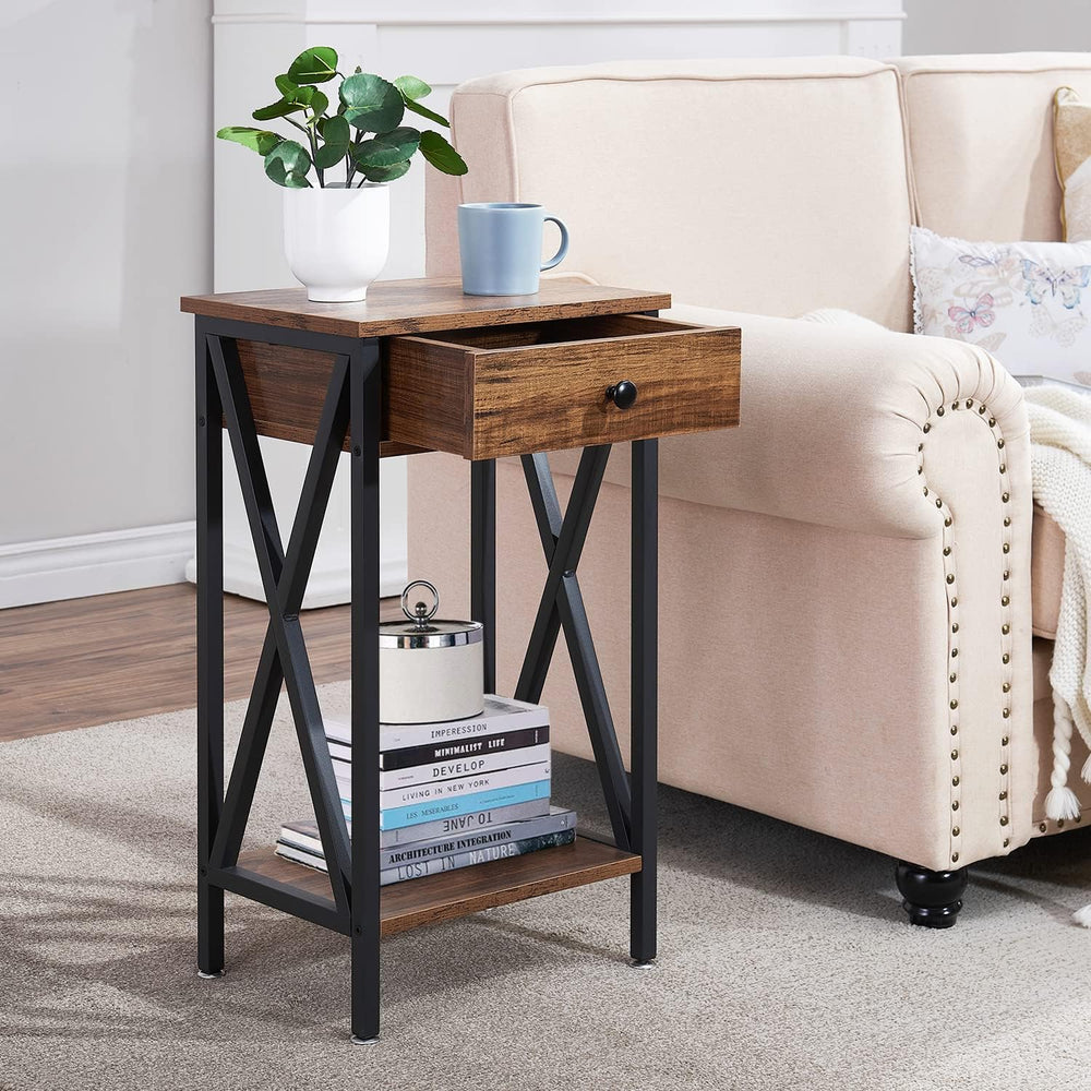 VECELO Tall Nightstand,27.6 inch Wooden End Table with Metal X-Frame,Side Tab...