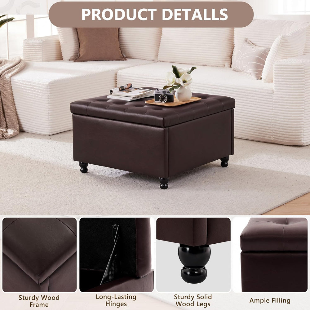 30" Large Square Ottoman with Storage, Leather Ottoman Coffee Table, Bro...