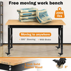 Betterhood 60" Adjustable Workbench on Wheels, Rubber Wood Heavy Duty Workstation with Power Outlets & Pegboard, 2000LBS Load Capacity Hardwood Worktable for Workshop, Garage, Office, Home, Commercial