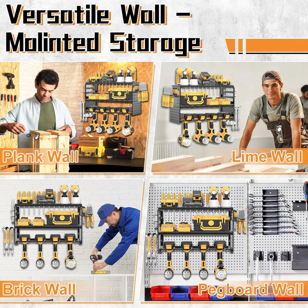 Power Tool Organizer Wall Mount, 150Lbs Load 3 Layer Heavy Duty Metal Tool Shelf with 4 Drill Holders, Garage Workshop Storage for Cordless Tools Batteries Screwdrivers(Black A)