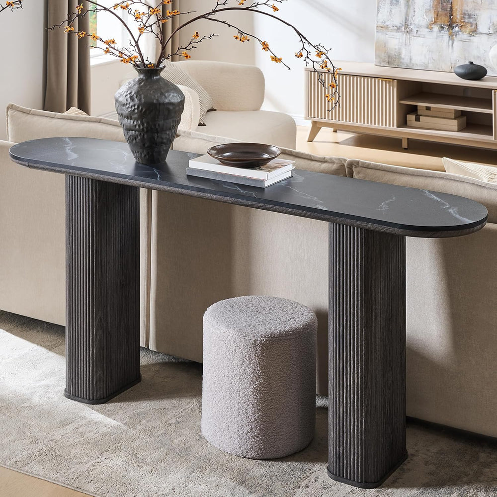 OKD 63" Modern Console Table with Arc Faux Marble Texture Top, Fluted Wo...