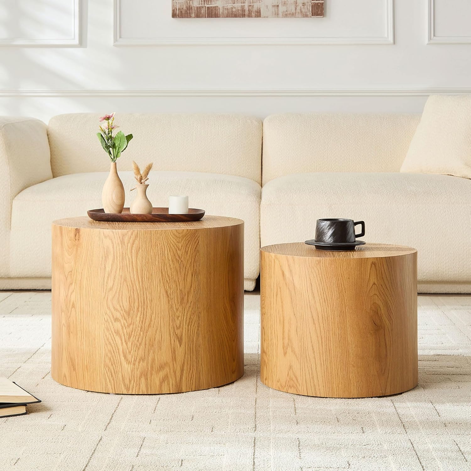 WILLIAMSPACE Round Nesting Coffee Table Set of 2, Modern Wooden Coffee Tables Circle Center Table for Small Space Accent End Side Table for Living Room Bedroom, No Assembling (Natural)