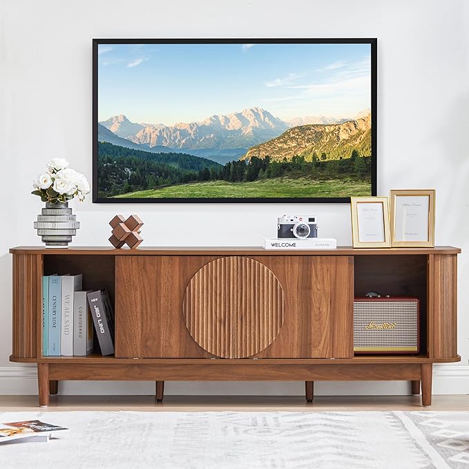 Turtle&Myrtle Mid Century Modern TV Stand 60”, Wood TV Console with Storage for TVs Up to 70 inches, Fluted Sliding Doors, Entertainment Center Media Cabinet for Living Room & Bedroom (Walnut Brown)