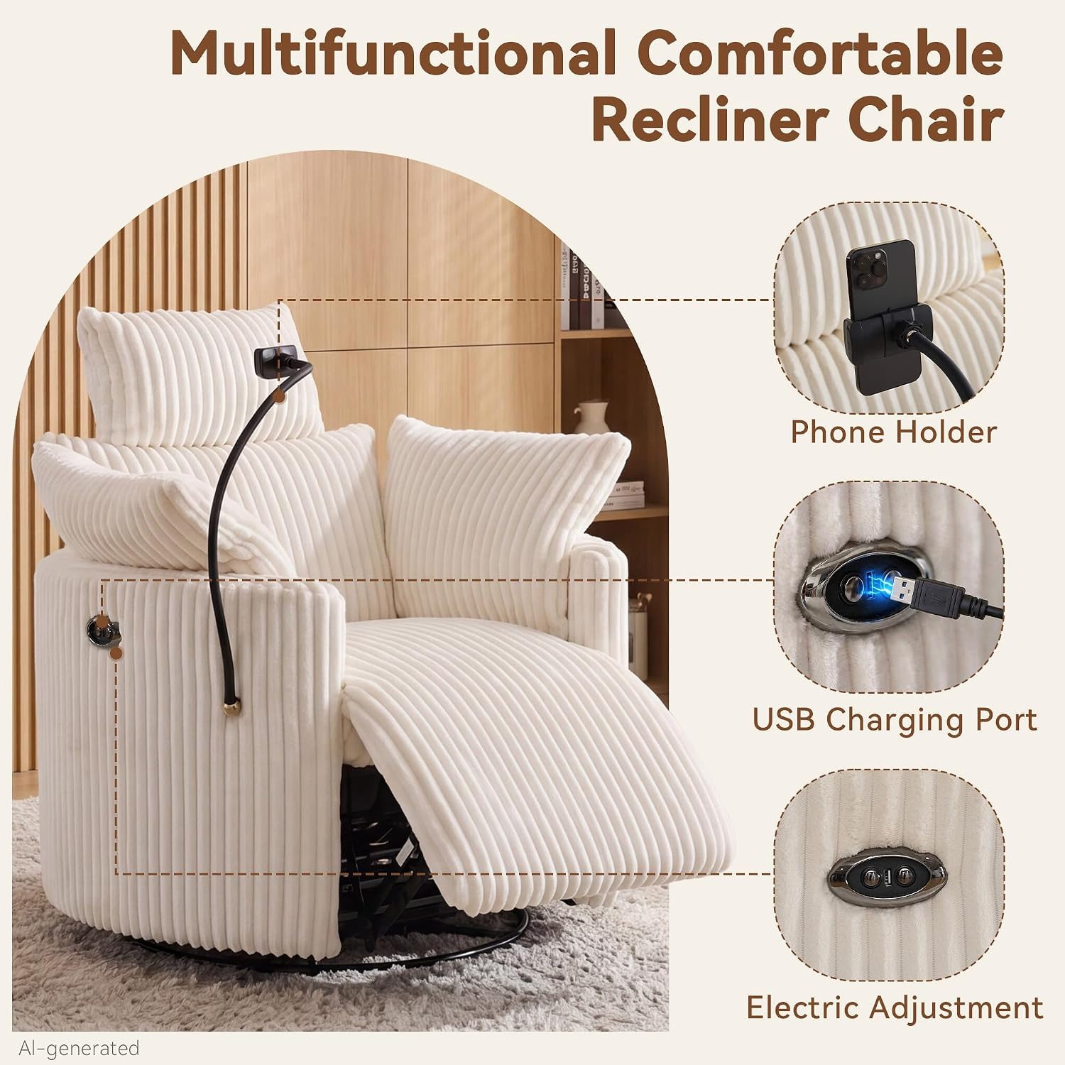 FOXHUNTER Power Nursery Rocking Chairs 300°Swivel Corduroy, White | 30° Rocking Mode, Glider Rocking Recliner With USB Port, Phone Holder,2 Cushions, Adjustable Headrest,for Living Room