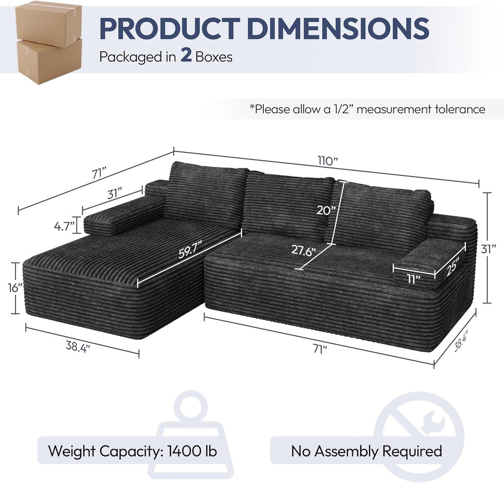 Yaheetech 110" Sectional Sofa Boneless Couch with Chaise, Dark Gray | Sectional Sofa Cloud Couch Corduroy Modular L-Shape Couch No Assembly Sofa with Detachable Pillow for Living Room Guest Room
