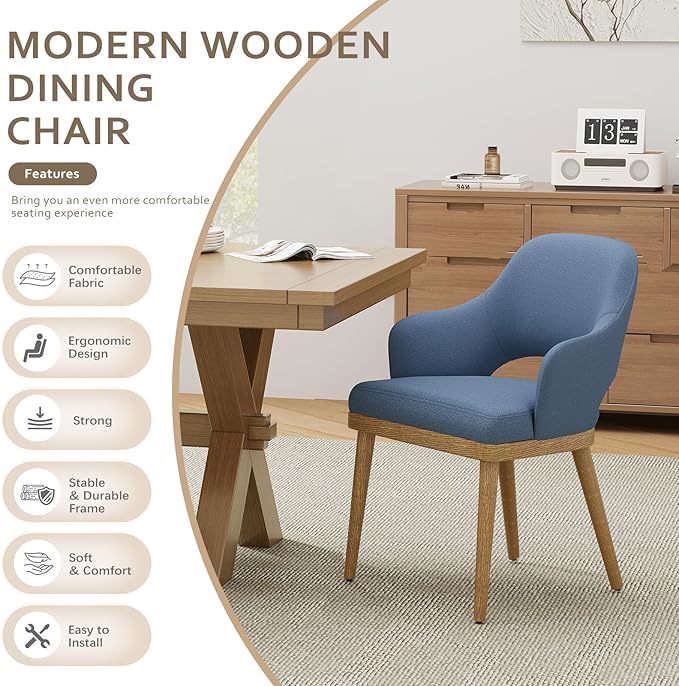 Wooden Dining Chairs Set of 4, Modern Fabric Upholstered Dining Room Chair, Kitchen Side Chairs, Farmhouse Dinner Chair with Open Back for Kitchen, Blue