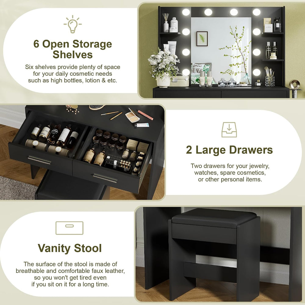 YESHOMY Vanity Desk with Mirror, Makeup Table, Pure Black | 2 Large Drawers, ...
