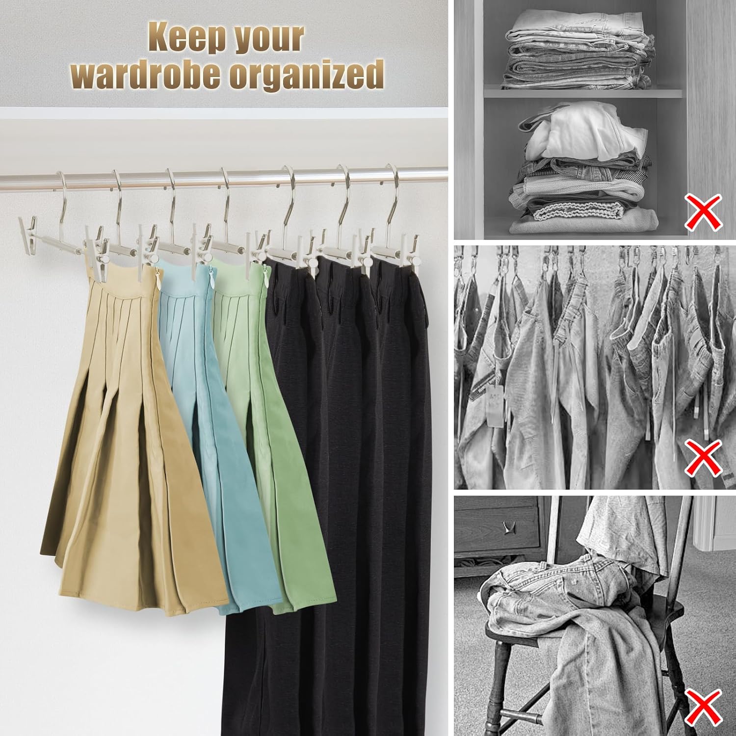 VWV 20-Pack Adjustable Women's Skirt and Pants Hangers, Durable, Space-Saving, Suitable for Jeans, Shorts, Underwear, Sports Bras (Matte Pearl Nickel