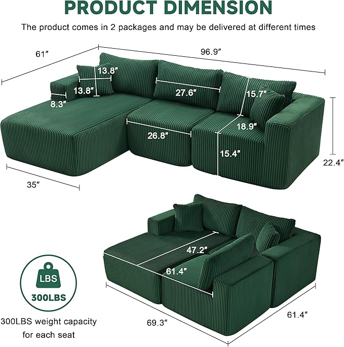 97" Modular Sectional Sofa, L-Shaped Boneless Couch with Deep Seat, Cozy Cloud Couch Sectional with Convertible Ottoman, Modern Sectional Couches for Living Room（ Green）