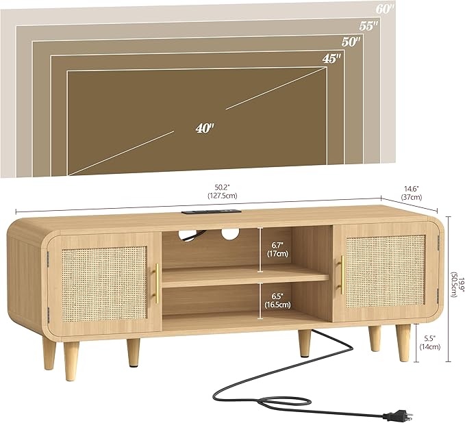 Rattan TV Stand for 60 Inch TV, Entertainment Center with Charging Station, Adjustable Shelf & 2 Storage Cabinet, Boho TV Console, Modern Media Console for Living Room, Bedroom Natural