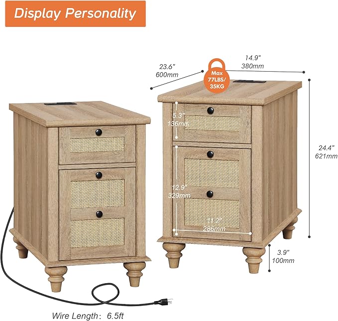 WAMPAT Set of 2 Rattan End Tables with Charging Station, Tall Side Tables Nightstand with Drawer & Storage Cabinet, Light Wood Bedside Table for Bedroom & Living Room, Burlywood