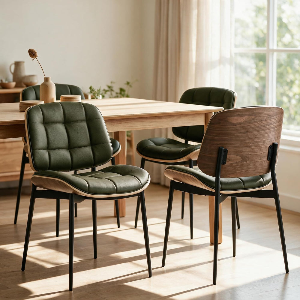 GrandNoor Mid Century Modern Dining Chairs with Walnut Grain Back, Green Faux...