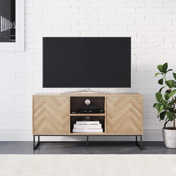 Nathan James Dylan Media Console Cabinet or TV Stand with Doors for Hidden Storage in a Natural Reclaimed Oak Herringbone Wood Pattern and Metal, Oak/Matte Black