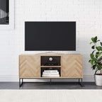 Nathan James Dylan Media Console Cabinet or TV Stand with Doors for Hidden Storage in a Natural Reclaimed Oak Herringbone Wood Pattern and Metal, Oak/Matte Black