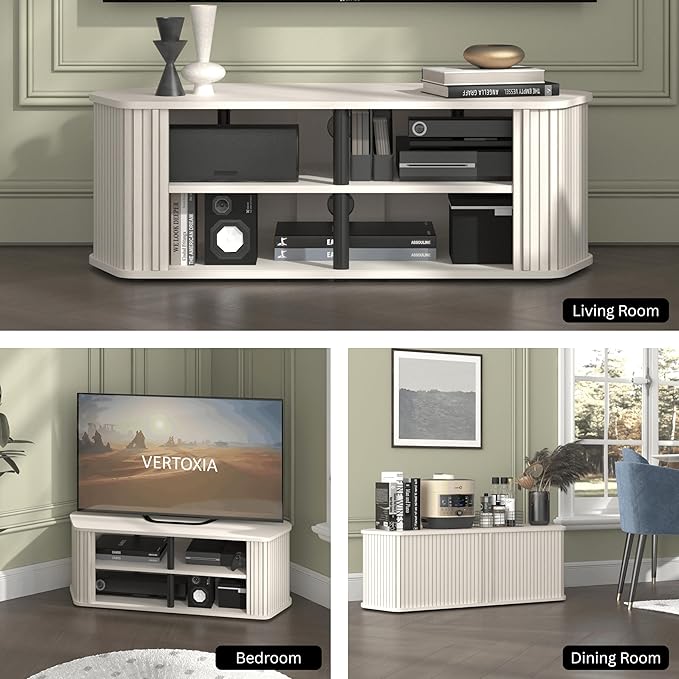 Corner TV Stand 43 Inch, Mid Century Corner Entertainment Center with Sliding Tambour Door, Media Console Table with 2 Layers Storage, Fluted TV Stand for Living Room, Bedroom, Off White