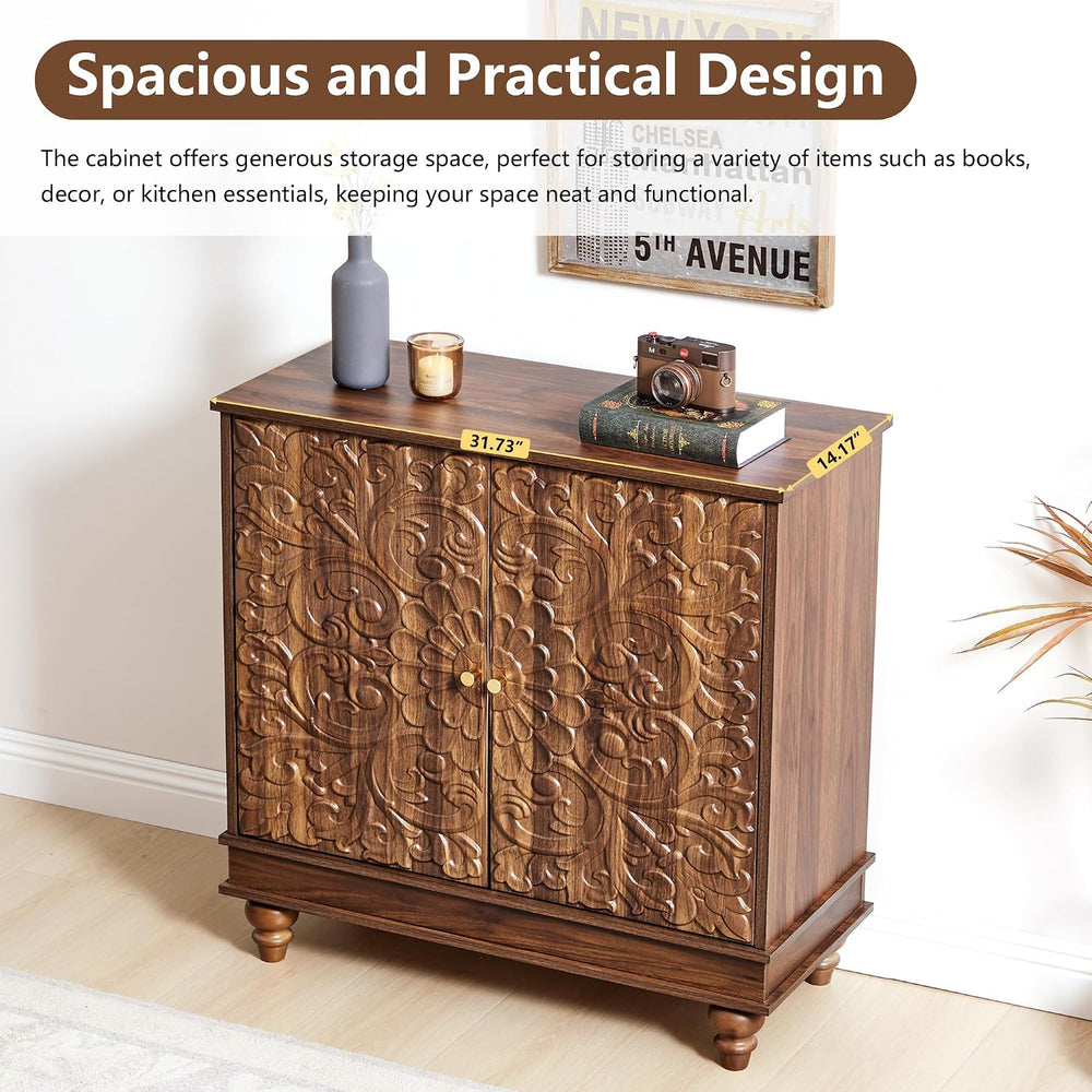 weselon Accent Cabinet with 2 Doors, Farmhouse Carved Buffet Sideboard with A...