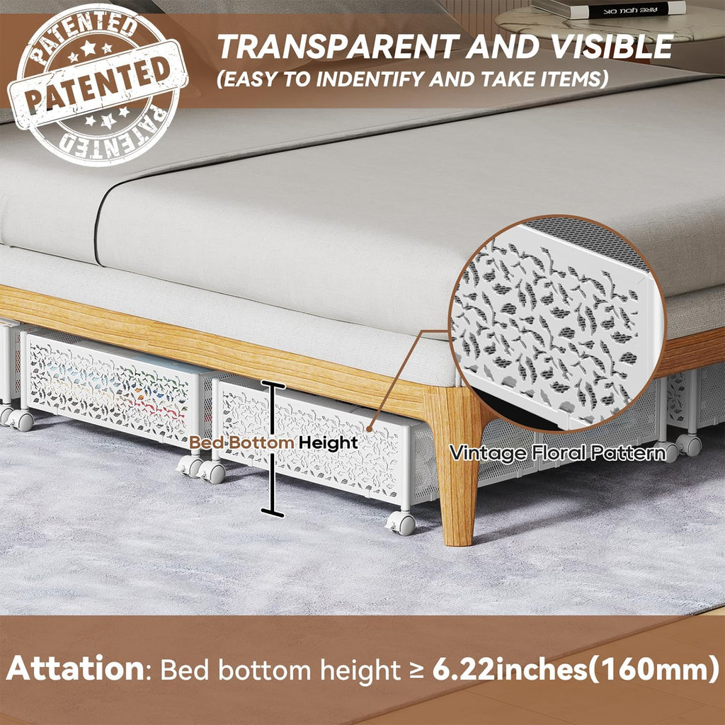 PHINOX Under Bed Storage, Under the Bed Storage Containers with Wheels, Under Bed Shoe Storage Organizer Drawer for Bedroom Clothes Shoes Blankets -4Pack