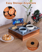 Couch Cup Holder Tray, Portable Silicone Acacia Wooden Double Cup Holder for Couch, Sofa Tray with 360°Rotating Phone & Pad Holder, Anti-Spill TV Tray for Living Room Car Black