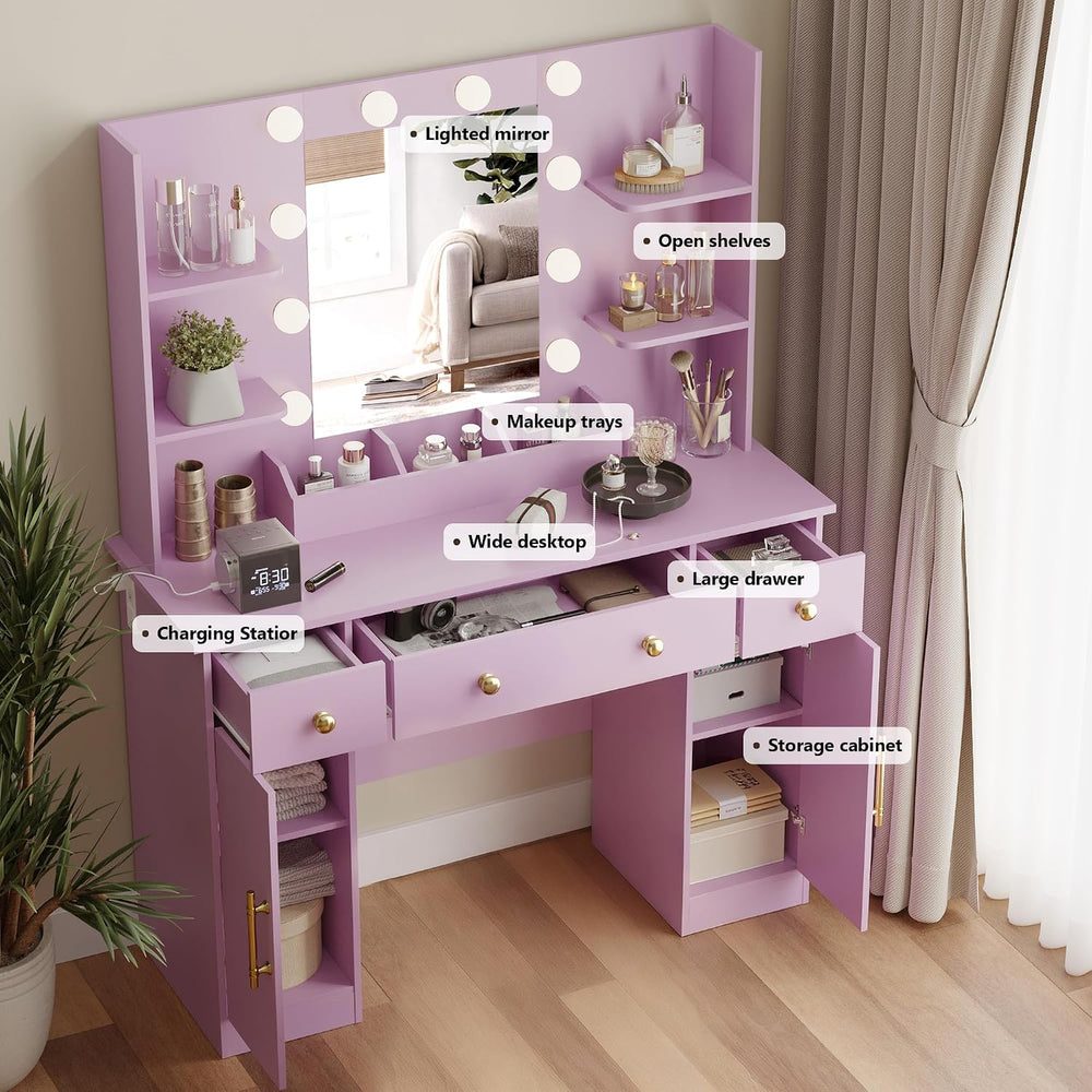 Wodeer Makeup Vanity Desk with Mirror and Lights, 43" Purple Vanity Set ...