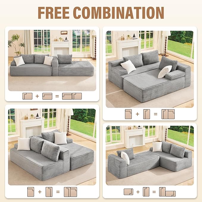 Hobestluk Modular Sectional Sofa Couches L-Shape Couch 3 Seat Modular Sofa Memory Foam Sectional Couches for Living Room, Cloud Couch with Oversized Chaise (96“ Right Facing)
