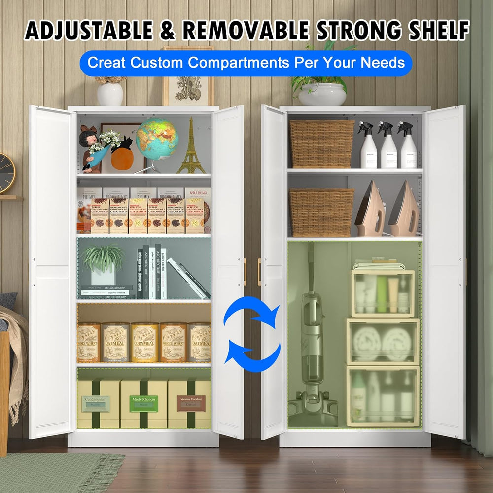 Polup 71" White Metal Kitchen Pantry Storage Cabinet with Doors and Shel...