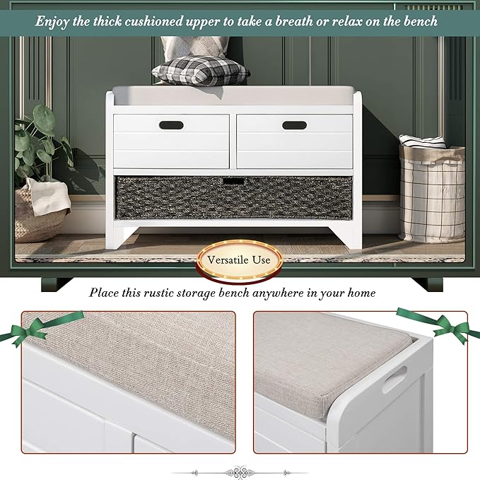 Merax White Classic Wood Entryway Bench with 2 Drawers, Large Rattan Basket and Removeable Seat Cushion for Hallway Front Door, Type 5