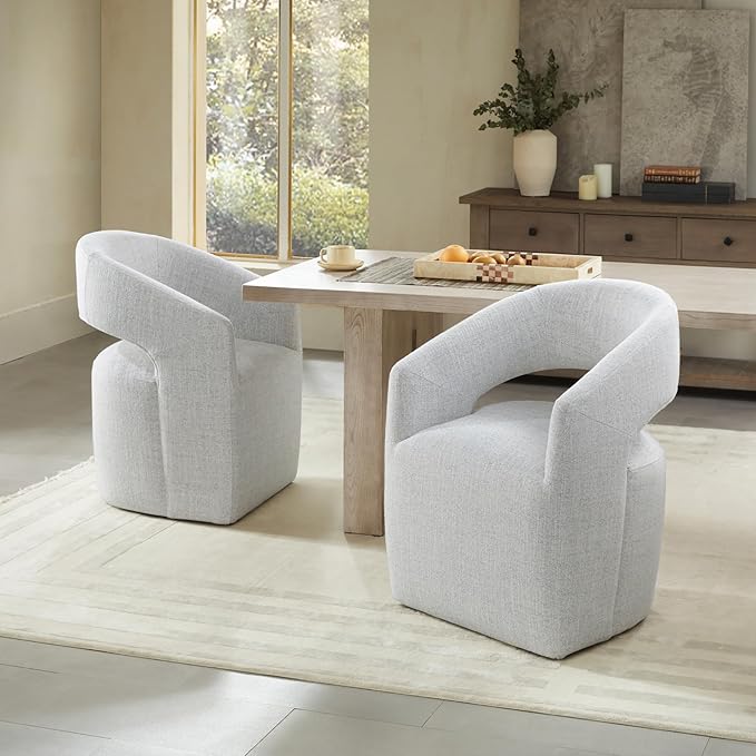 Upholstered Dining Chairs with Casters, No Assembly Modern Barrel Armchair with Rollers for Dining Room, Bedroom, Living Room, Reading Room, Home Office, Set of 4, Light Grey