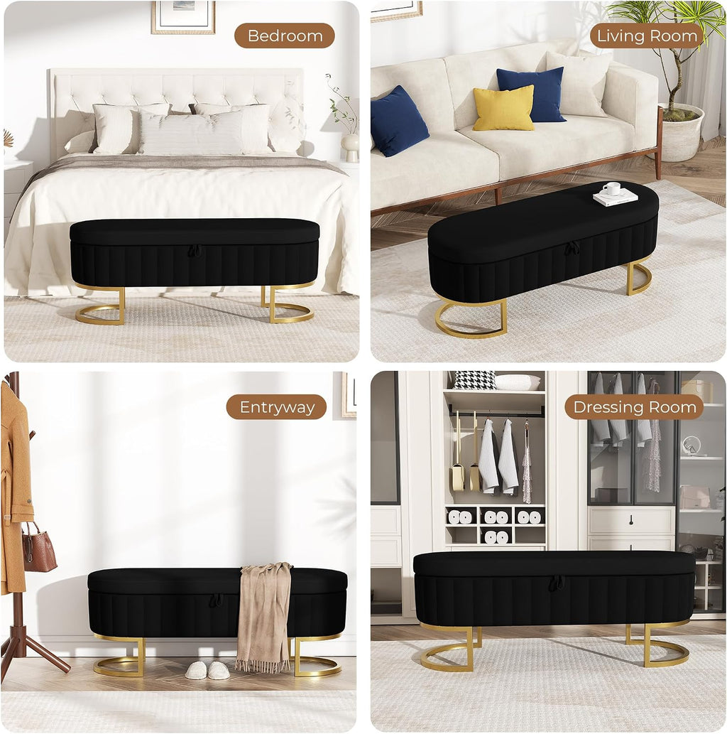 Storage Ottoman Bench, 45" Velvet End of Bed Bench Bedroom Bench with Golden Metal Legs, Upholstered Storage Bench for Bedroom Living Room Entryway and Window, Black