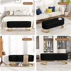 Storage Ottoman Bench, 45" Velvet End of Bed Bench Bedroom Bench with Golden Metal Legs, Upholstered Storage Bench for Bedroom Living Room Entryway and Window, Black