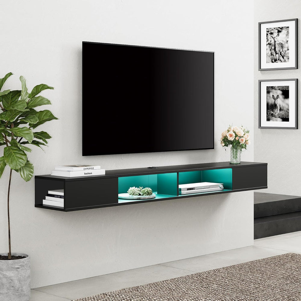 WAMPAT Floating Entertainment Center for 80 Inch TV, Black | Wall Mounted wit...