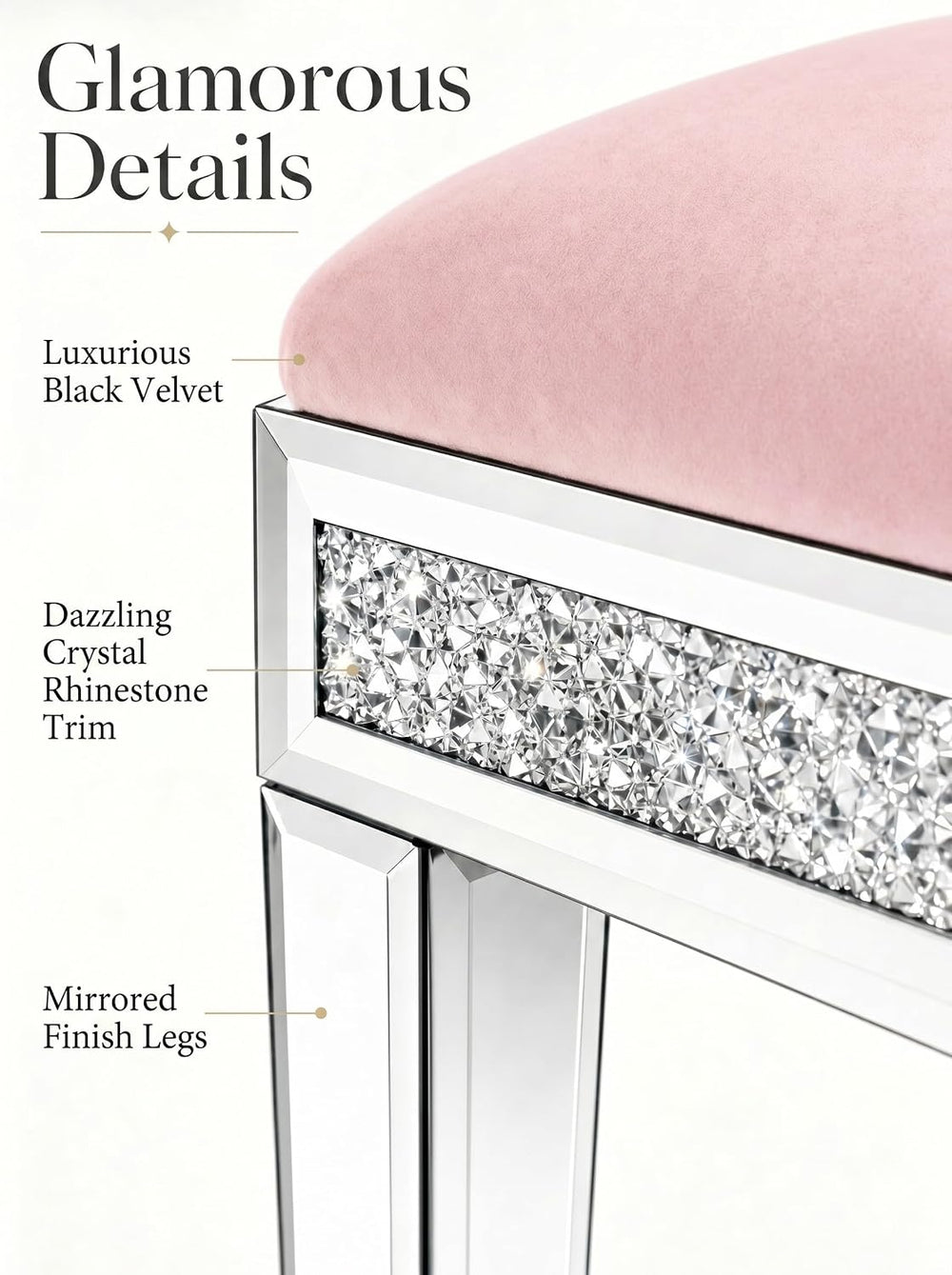 Vanity Stool with Storage – Mirrored Legs, Velvet Cushioned Ottoman, Hidden C...