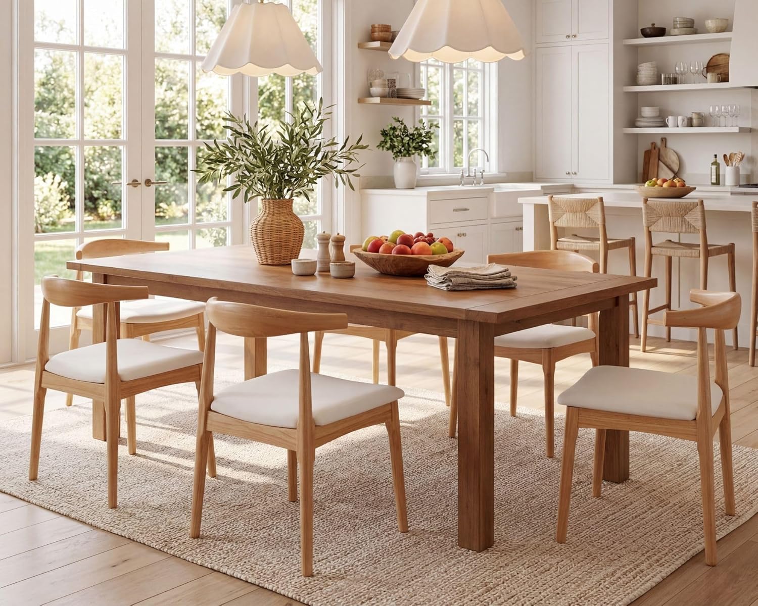 HNY Wooden Dining Chairs Set of 6, Mid Century Modern Dining Room Chairs with Natural Wood Legs & Open Curved Back, Upholstered Beige Linen Armless Kitchen Chair for Dining Room Restaurant