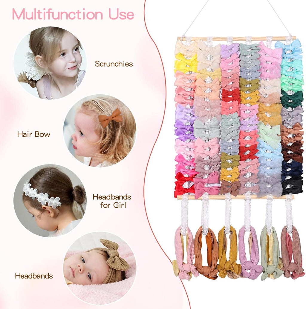 Hair Bow Holder Organizer for Girls Hair Bows,Hair Accessories Headband Organizer Bow Storage Hanger for Baby Girls Wall Hanging Decor for Toddler Girls (White B)
