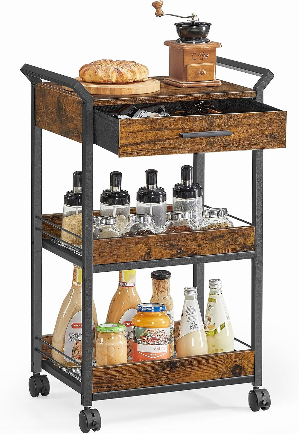 VASAGLE Storage Cart, 3-Tier Rolling Utility Cart with Table Top | Top Drawer...