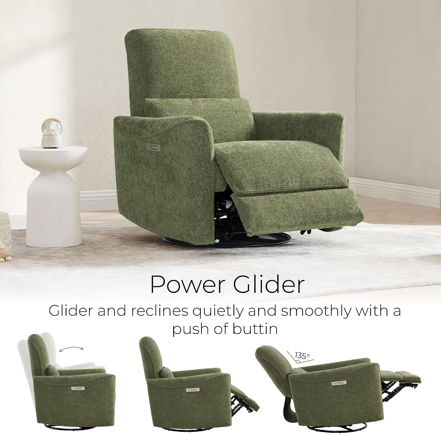 CHITA Power Swivel Glider Recliner Chair, Nursery Glider, Medium, Green | FSC Certified Upholstery Rocking Chair, Lumbar Support, Reclining Chair for Living Room / Nursery