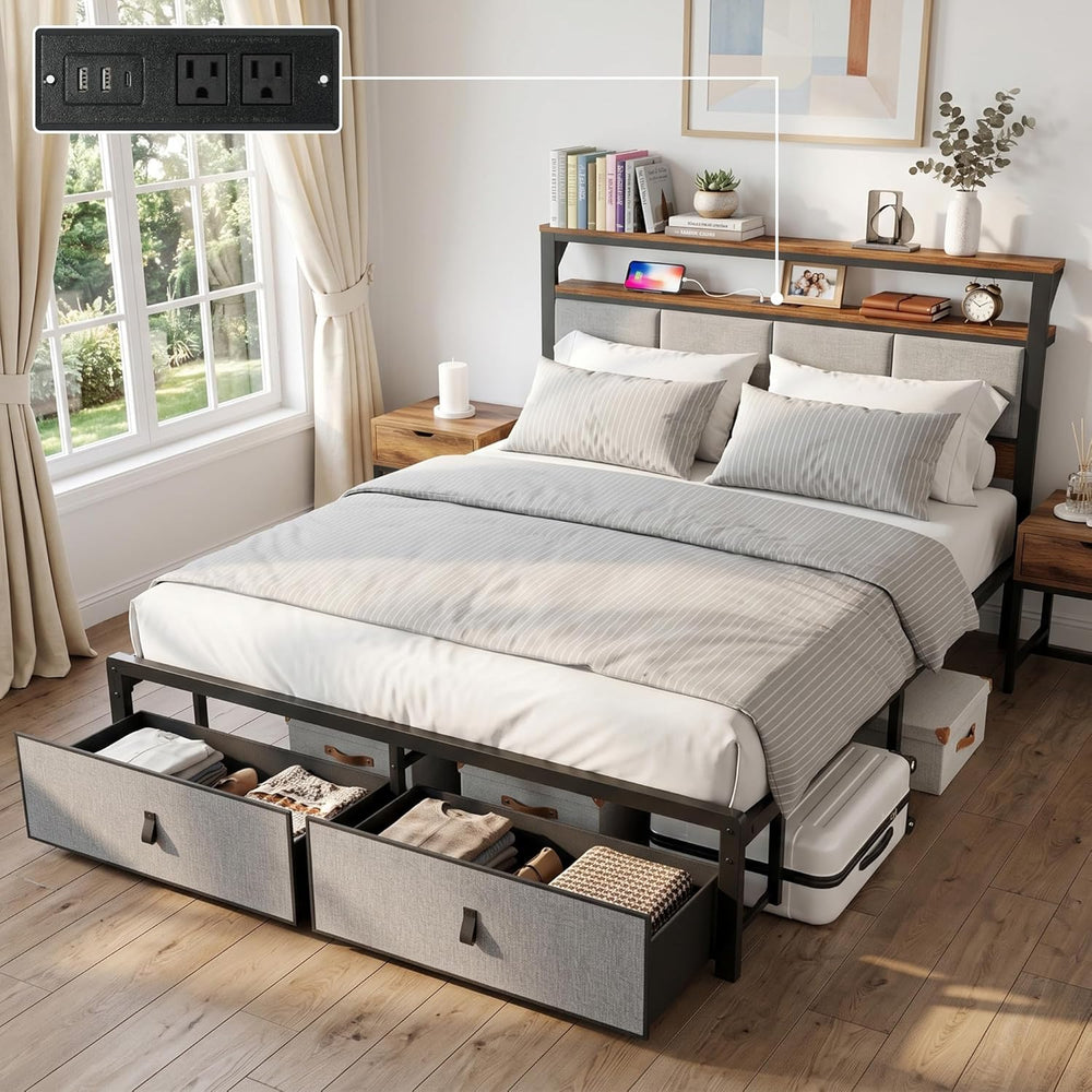 Queen Bed Frame with 2 Storage Drawers & Charging Station, Headboard, Grey