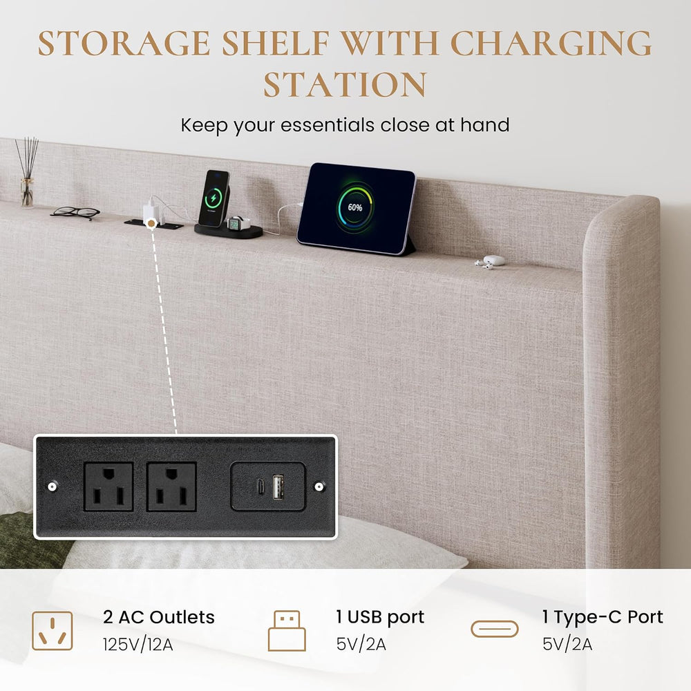 SHA CERLIN King Size Storage Bed Frame with 4 Oversized Drawers, Modern Wingb...