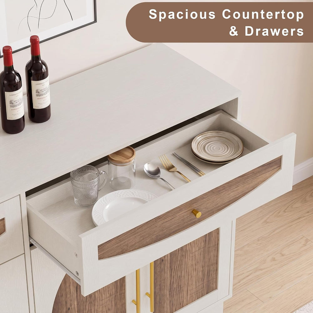 63'' Arched Door Sideboard Buffet Cabinet with Drawers, White and Nat...