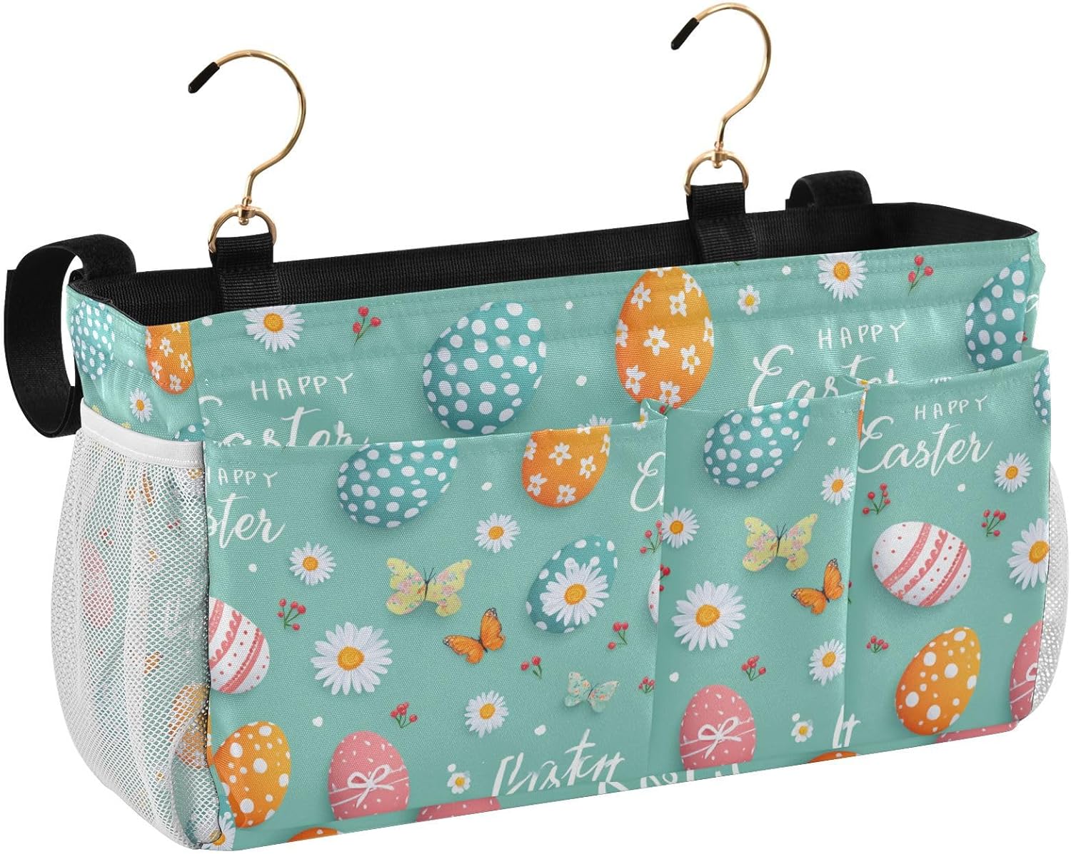 Egg Butterfly Easter Flower Bedside Caddy for Dorm Bed Bedside Hanging Caddy Bag Iron Frame Storage Organizer Pocket for Bunk Home College Hospital Beds 2 Hooks