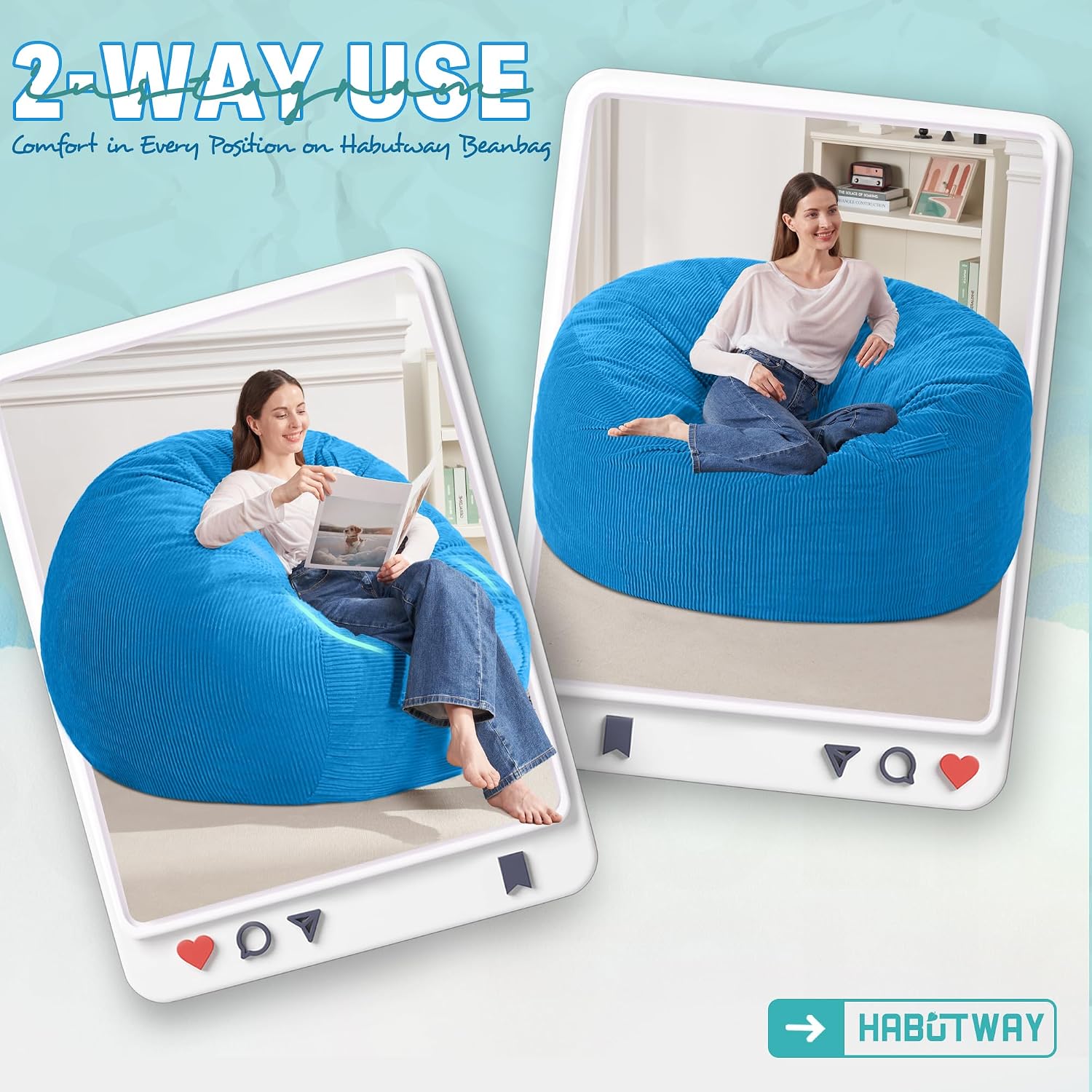 HABUTWAY 3FT Bean Bag Chair,Giant Bean Bag Chairs for Adults,Big Bean Bags with Memory Foam Filled, Large Beanbag Chairs with Soft Corduroy Cover-Blue
