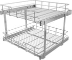 2 Tier Pull Out Cabinet Organizer 24" W X 22" D, Chromed, Full Slide Out | For Kitchen Organizers and Storage, Pull Out Drawers For Cabinets Capacity Heavy Duty Caddy, Cabinet Shelves, Bathroom Pantry