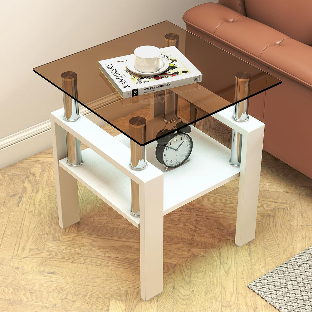 Set of 2 Glass End Table, 2-Layer Glass Living Room Table, Modern Tea Table S...
