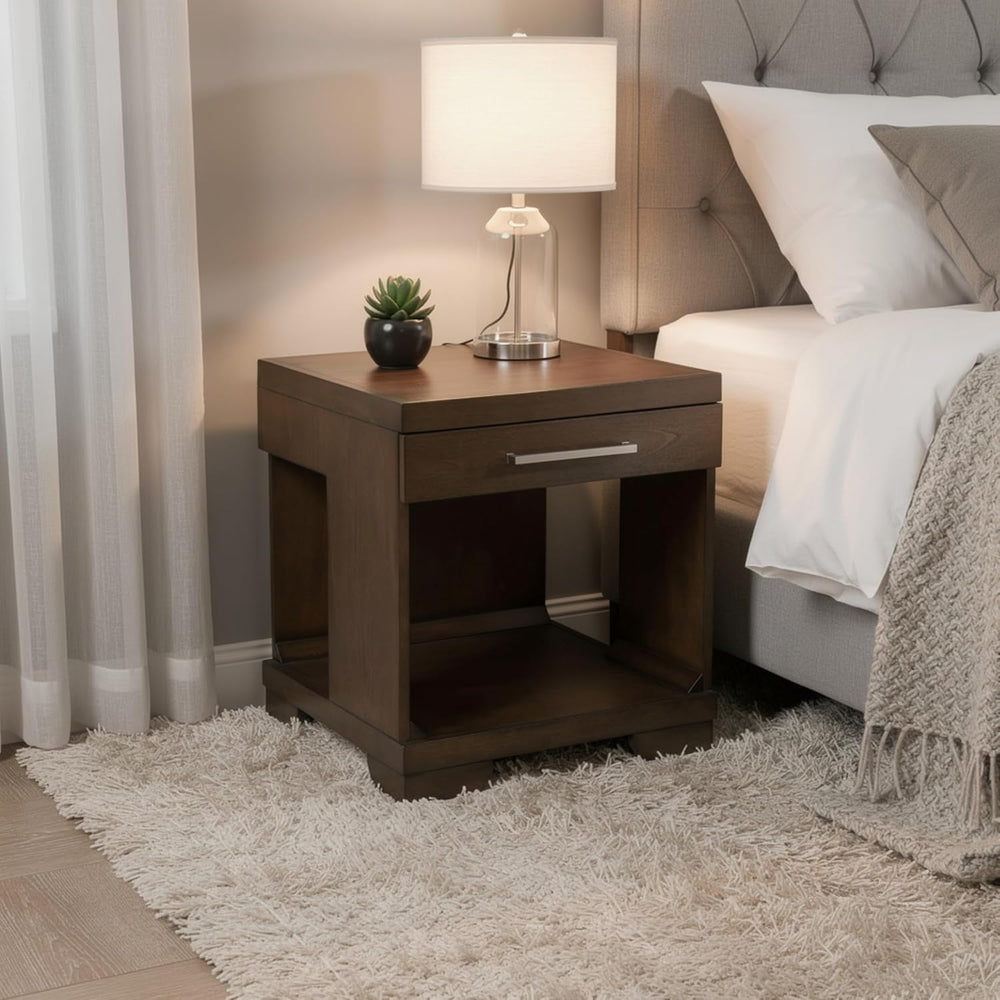 Benzara Duny Side End Table, 24 Inch Top, 1 Drawer with Handle, Espresso Brown