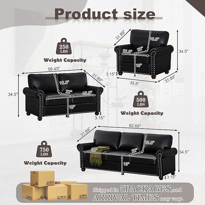 3 Piece Faux Leather Sofa Set,Mid Century Modern Couch and Loveseat Sets with Storage,Comfy Deep Seat Sofa with Nailhead Trim & Rolled Arm for Living Room,Office(Armchair+Loveseat+3 Seater,Black)
