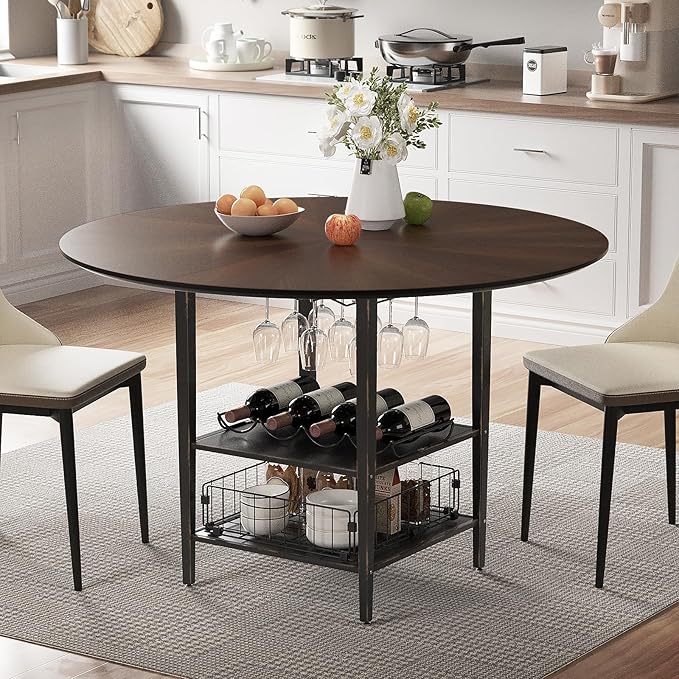 VFK 47 Inch Round Dining Table for 4, Kitchen Table Dining Table, Round Table with 2 Tier Storage Shelves for Home Dining Room,Living Room
