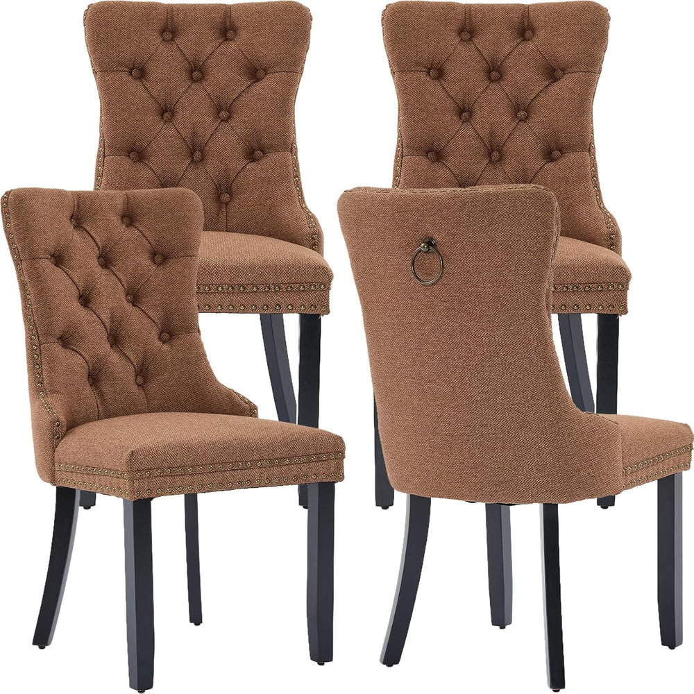 Espresso Brown Mid Century Modern Dining Chairs Set of 4, Linen Upholstered K...